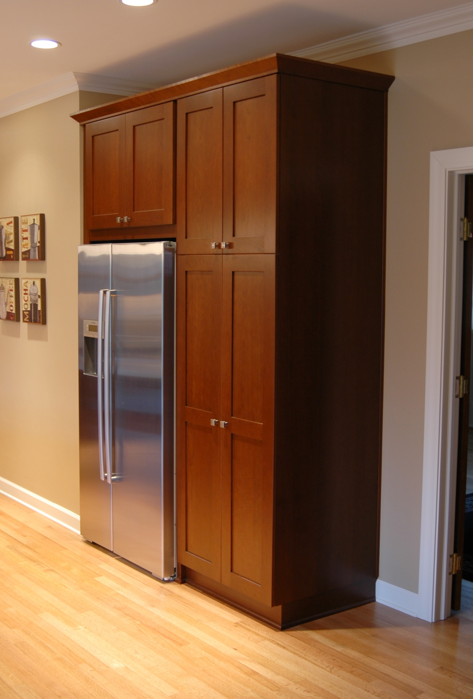 3 Cabinet pantry and counter depth refrigerator replaces desk and drywall pantry | Kitchen Master
